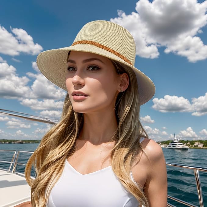 Beach Sun Straw Hats for Women, Summer Sun Protection Foldable Packable Wide Brim Hat