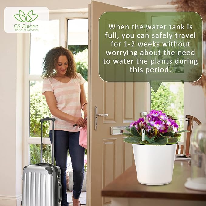 7 inch Plant Pots 3-Pack, Self Watering Flower Pots Indoor Outdoor, African Violet Pots Planters with Drainage Hole Saucer Reservoir, White