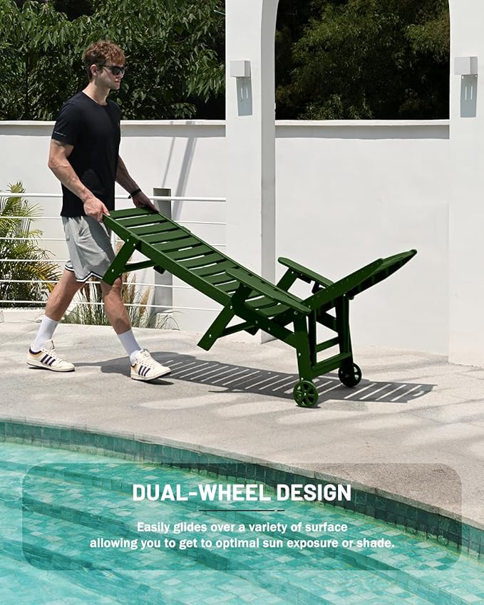 Chaise Lounge Outdoor with Wheels, Adjustable 6-Position Chaise Lounge Outdoor, Patio Lounge Chair for Poolside Backyard, Green