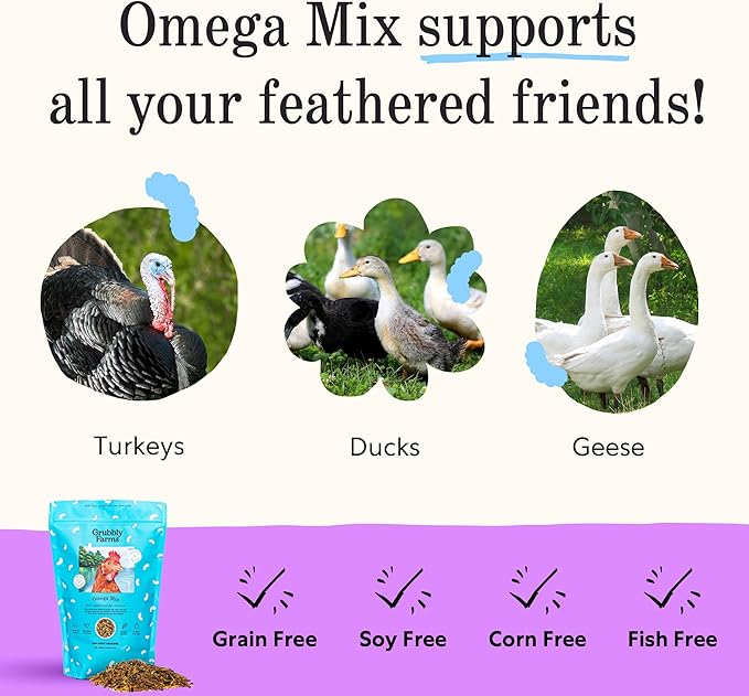 Grubbly Farms Omega Mix Chicken Treats for Laying Hens - Superfood and Omega-Rich Chicken Feed Supplement to Support Egg Production, Strong Eggshells and Nutritious Yolks - 1LB