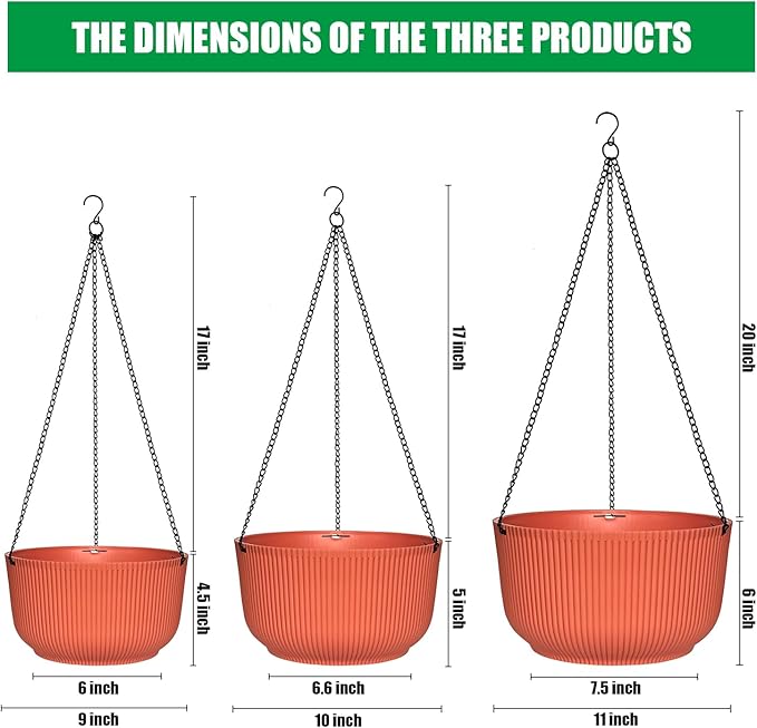 Hanging Planters for Indoor Plants, 3 Pack Plant Hanger Outdoor with Drainage Holes, Self Watering Hanging Basket Flower Pot for Garden Home Decor, 9/10/11 Inch, Orange