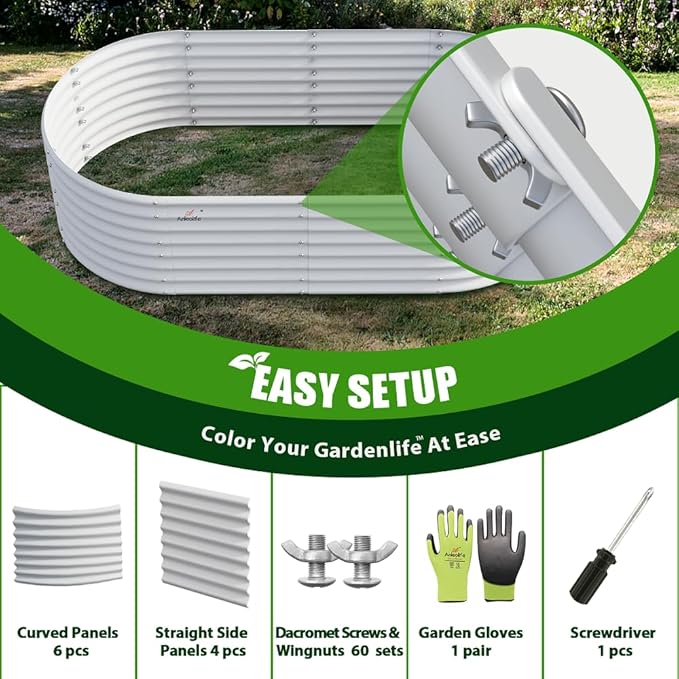 A ANLEOLIFE 6X3X2 ft Galvanized Raised Garden Beds Outdoor, Oval Large Metal Deep Root Planter Box for Planting Vegetables Flowers Herb, Anti-Rust & Easy-Setup, Antique White