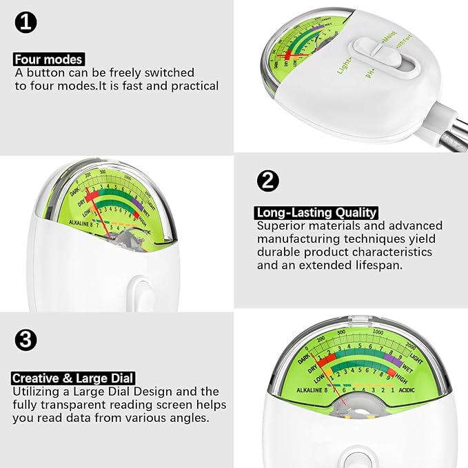 4-in-1 Plant Soil Tester with pH, Moisture, Fertility & Light Meter, Rotatable Dial Soil Test Kit, No Battery Required for Garden, Lawn, Farm, Indoor & Outdoor Plants, White
