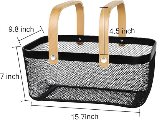 Portable Mesh Harvest Basket - Natural Bamboo Handle Foldable Organizer for Kitchen, Garden & Picnic | Ventilated Storage Bin with Rust-Proof Wire, Space-Saving Farmhouse Decor (Black)