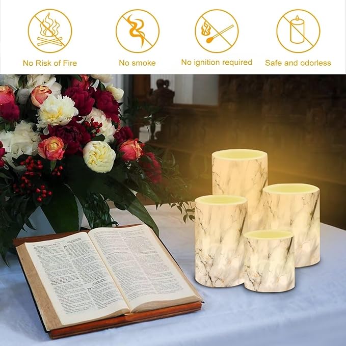 Flameless LED Battery Candles 4 PCS Pillar Candles with 18-Key Timer Remote Control Colorful Lights for Table Centerpiece Home Indoor Wedding Decoration, White Grey Marble
