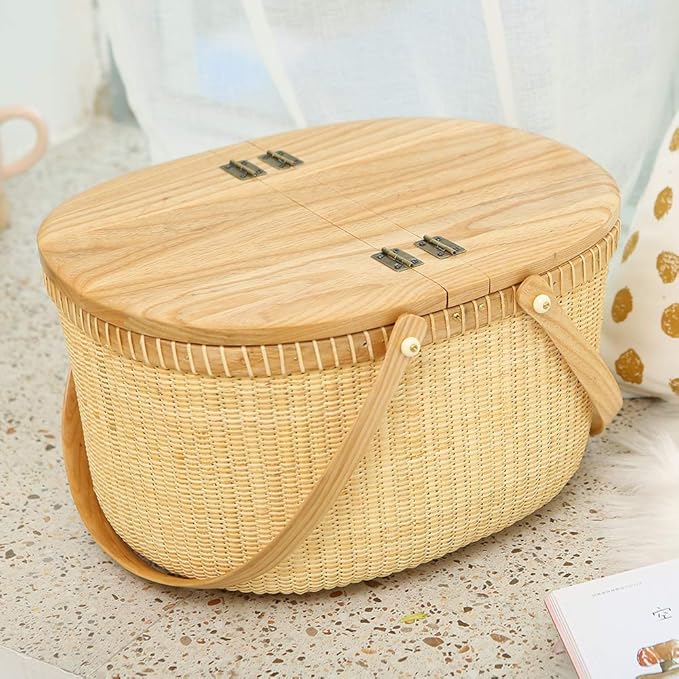 Nantucket Basket Crafts Cane-on-Cane Weave Picnic Basket Shopping Basket Basket Storage Basket Two Swing Handles (Ash Activity Double Open)