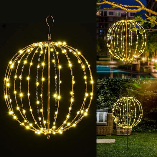 Christmas Ball Light Sphere, 16IN 128LED Hanging Tree Light and Pathway Lights with Hook and Stake, Foldable Metal Frame Light Ball for Outdoor Garden, UL Listed, Brown Frame, Warm White