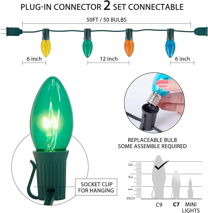 C9 Bulb String Lights Outdoor 50 Feet Multicolored Christmas Lights Green Wire for Outdoor Patio Room Christmas Tree Party Backyard Decoration, E17 Base, 50 +2 Bulbs
