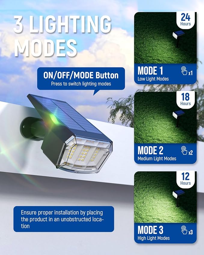 Solar Spot Lights Outdoor Waterproof 2 Pack IP65, 63 LED 3 Lighting Modes Spotlights for Yard Garden House Garage Pathway