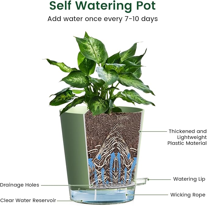 4 inch Self Watering Pots for Indoor Plants, 5 Pack Small Flower Plant Pots with Drainage Holes and Clear Reservoirs, Visible Water Level, Plastic Planters with Wicking Rope, Green