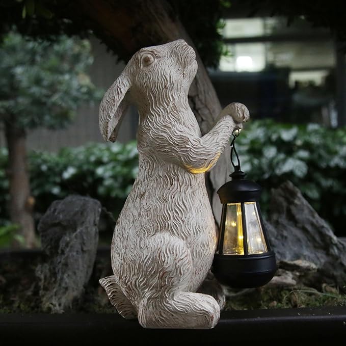 Garden Statues Rabbit with Solar Lights-Bunny Figurine Outdoor Easter Decorations Rabbit Decor for Lawn,Balcony-Yard Art Garden&Patio Decor,Unique Housewarming&Birthday Gifts for Women
