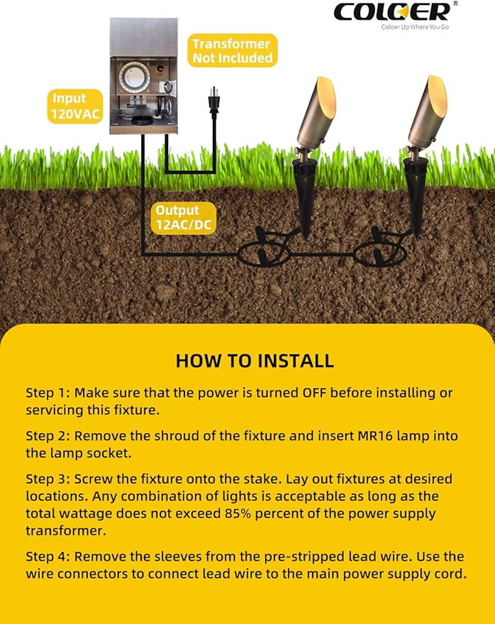 COLOER Brass Landscape Spotlights, 10 Pack Spotlight Fixture Outdoor with 5W Aluminum Housing MR16 LED Bulb 2700K 450LM, 12V AC/DC Low Voltage Landscape Lighting, Uplight for Garden and Patio(103B)