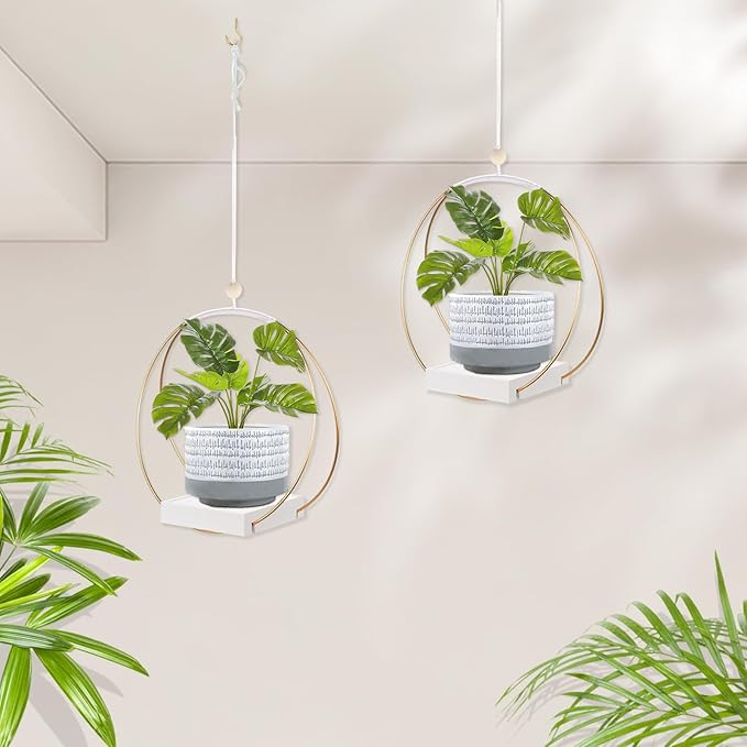 2 Pack Hanging Planter Holder for Indoor Plants, Plant Hanger with Sturdy Wood Base,Modern Boho Macrame Wall Ceiling Window Stands(Plants/Pots Not Included)