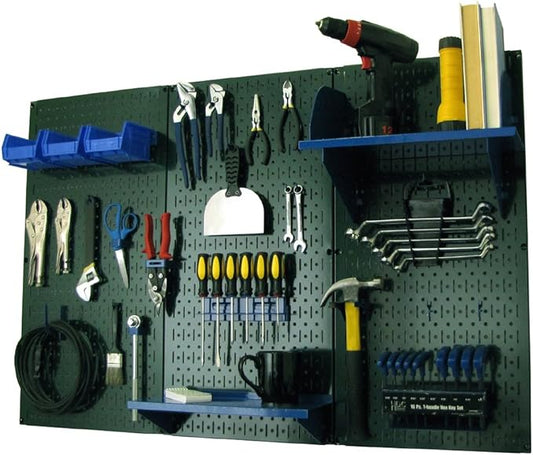 Wall Control Pegboard Organizer 4 ft. Metal Pegboard Standard Tool Storage Kit with Green Toolboard and Blue Accessories