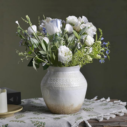 Quoowiit Ceramic Rustic Farmhouse Vase, White Distressed Flower Vase for Home Decor, Boho Decorative Vases for Centerpiece Table Decorations, Vases for Living Room Kitchen Entryway Mantle Shelf Decor