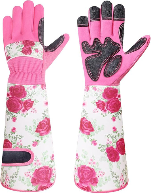 DLY Gardening Gloves for Women, Rose Gloves Gardening Thorn Proof, Long Garden Gloves for Women, Breathable & Durable Leather Gauntlet(Medium, Rose Red)