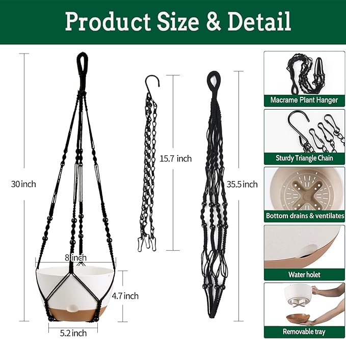 Hanging Planter Self Watering 10 Inch, 2 Pack Indoor Outdoor Hanging Baskets, Hanging Flower Pots with Drainage Hole & 2 Kinds of Plant Hangers for Garden Home Decor(Black Hanger