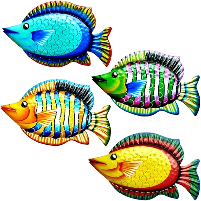 HHgrowe 11.8 Inches Hand-Painted Metal Fish Art Wall Decor Coastal Ocean Sea Hanging Decorations Garden Pool Decor Set of 4 Colorful Outdoor or Indoor Wall Sculptures …