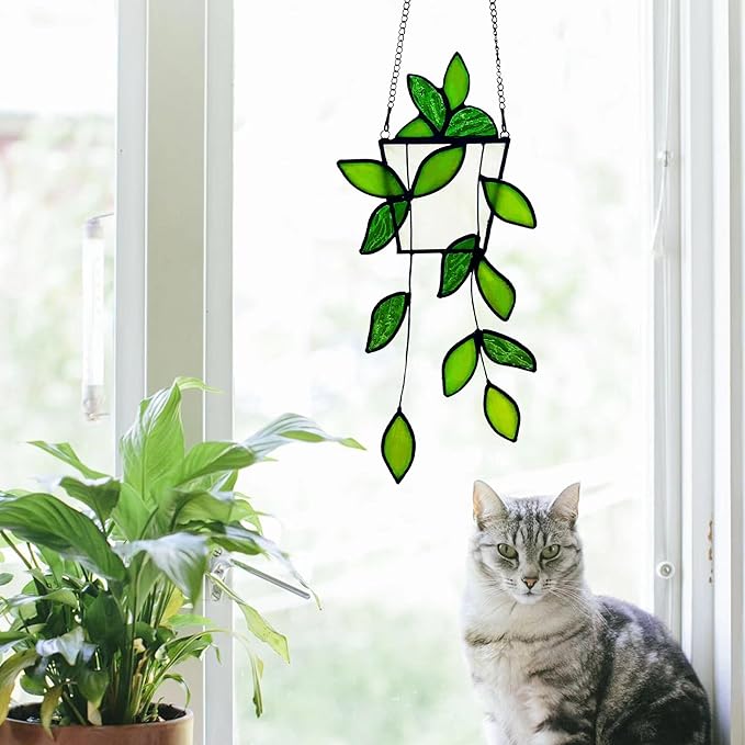 Royxen Stained Glass Window Hanging Green Plants Artificial Deocr Faux Plant Suncatchers, Gift for Plant Lover