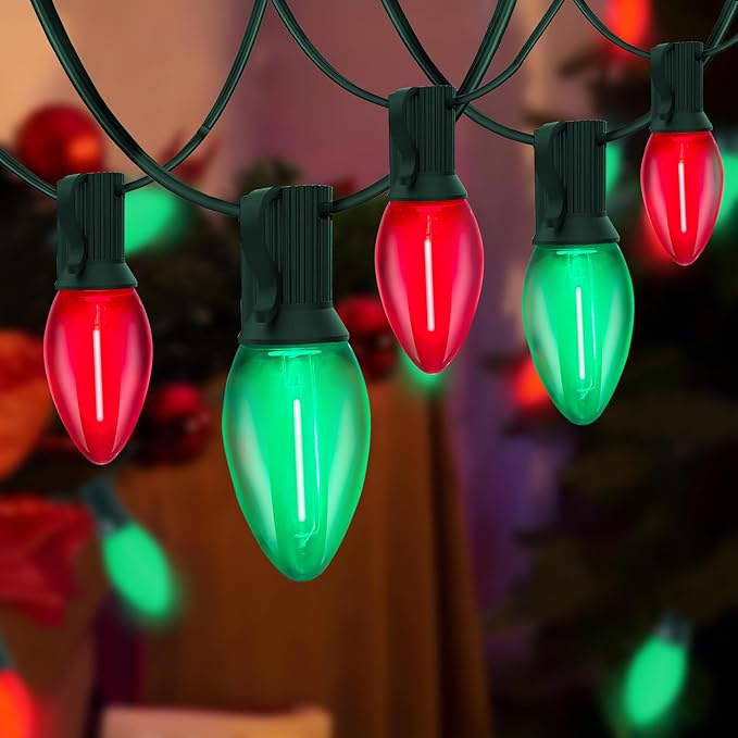 C7 LED Christmas Lights Outdoor, 25FT Clear Red and Green Christmas String Lights with 27 LED Energy-Efficient Bulbs, Hanging Vintage Christmas Decorations Lights for Holiday Party Patio Garden Yard