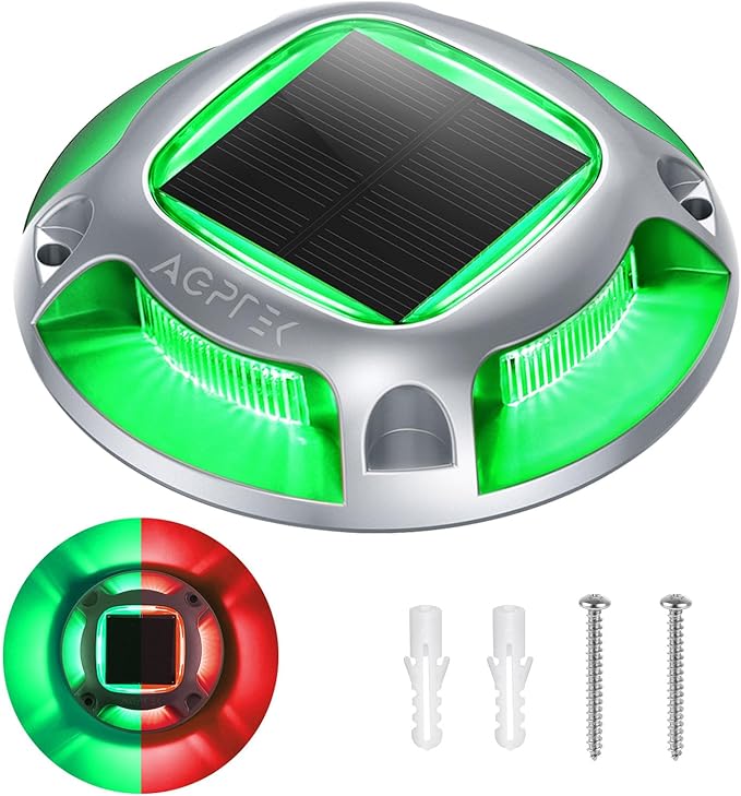 AGPTEK Solar Driveway Lights Outdoor 1 Pack, 2 Color Modes LED Deck Dock Marine Waterproof Security Marker Lights for Step Sidewalk Stair Garden Pathway Walkway Yard(Green/Red)