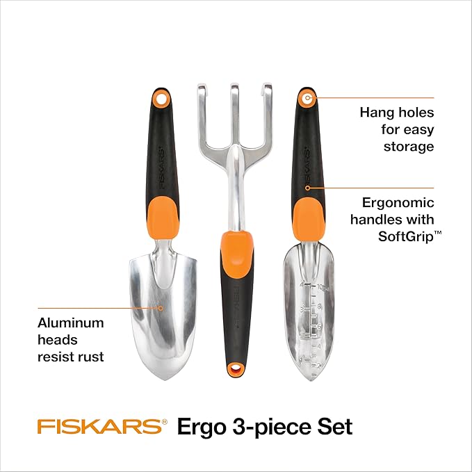 Fiskars 3-in-1 Garden Tool Set - Trowel, Transplanter, Cultivator for Gardening - Lawn and Garden Tools - Black/Orange