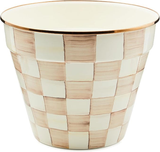 MACKENZIE-CHILDS Enamel Garden Pot, Decorative Pot for Plants, Outdoor Flowerpot Decor, Extra Large, Brown-and-White Mocha Check