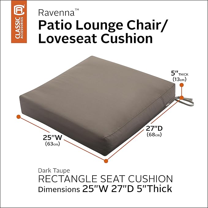 Classic Accessories Ravenna Water-Resistant Patio Lounge Chair/Loveseat Cushion, 25 x 27 x 5 Inch, Dark Taupe