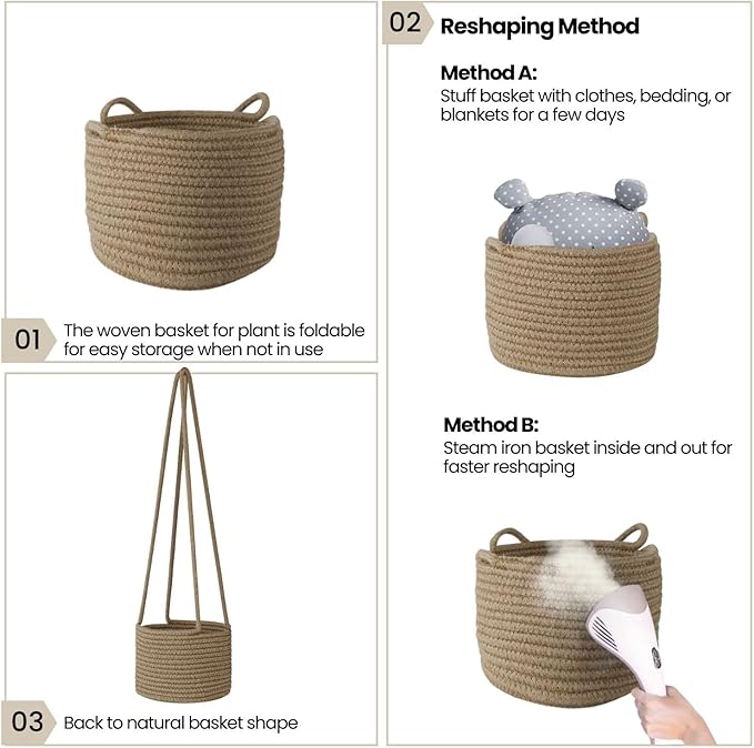 Flexzion Hanging Plant Basket, Boho Cotton Rope Basket Indoor Hanging Planter, Up to 7" Flower Pot, Macrame Woven Modern Plant Holder, Storage Bin Organizer, Home Decor with 20" Hanging Rope, Brown