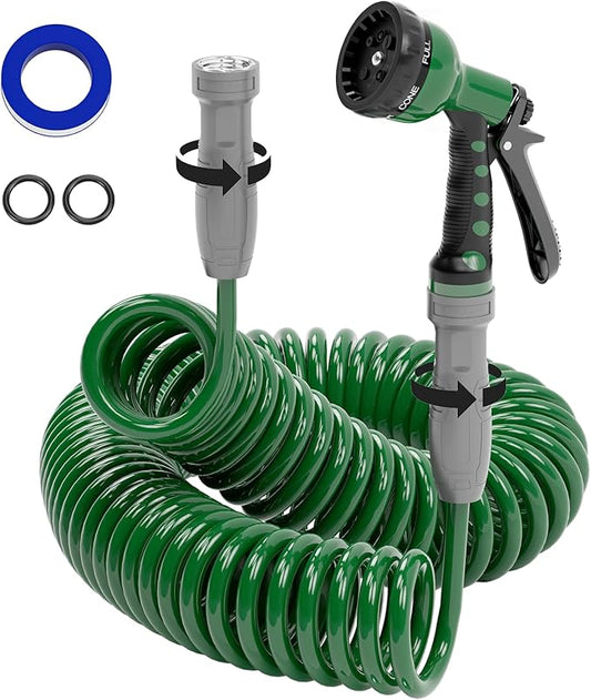 3/8" Lightweight Coil Garden Hose 75FT, EVA Flexible Curly Water Pipes with 6-Pattern Spray Nozzle for Boat, Greenhouse, Yard, Patio, Green
