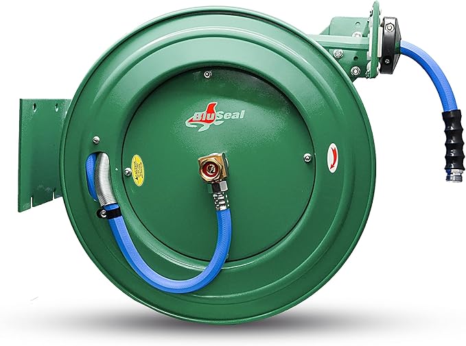 Auto Retractable Water Hose Reel with Hot & Cold Water Rubber Garden Hose, Spray Nozzle - Ultra Light, Super Strong with 6' Lead-in Hose (5/8” x 50’ Green)