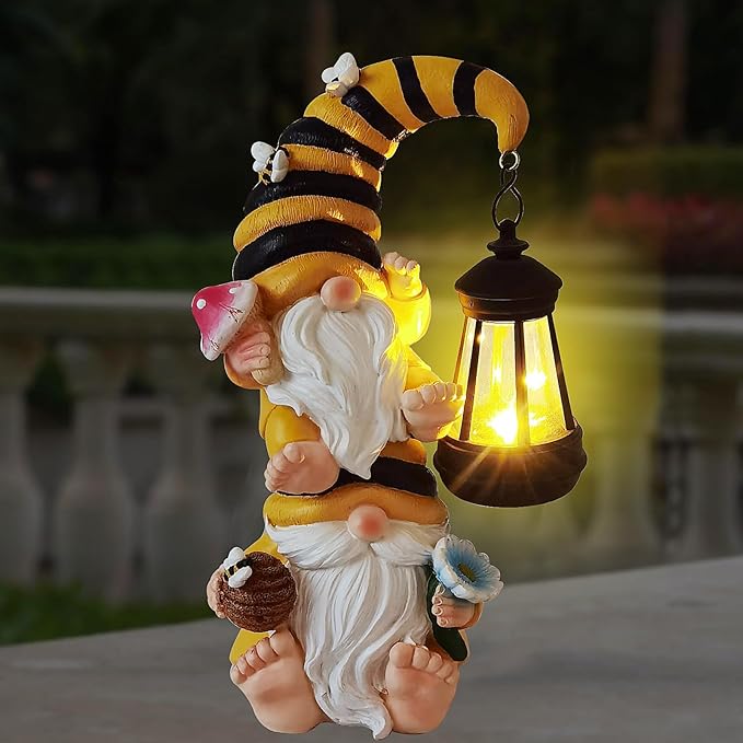 Garden Gnomes Outdoor Solar Bee Garden Gnomes with Led Lantern Outdoor Decor for Yard,Patio,Lawn,Gnome Gifts for Women,Mom,Gnomes Decorations for Yard