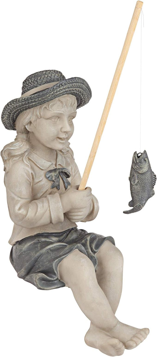 Design Toscano Big Catch Fisherwoman Nellie Girl with Fishing Pole Garden Statue, Medium 17 Inch Tall, Cast Stone Resin, Two Tone Stone Finish