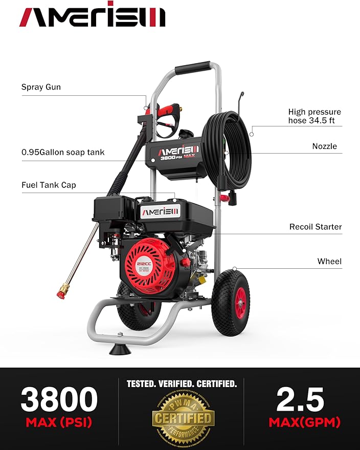 Gas Pressure Washer 3800 PSI and 2.5 GPM, 212CC, with Onboard Soap Tank, 10" Wheel, 5 Nozzle Set, for Cars/Fences/Homes/Patios/Furniture