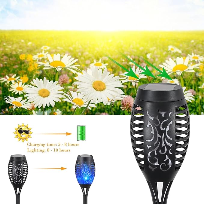 6-Pack Blue Solar Flickering Flame Torches – Waterproof Solar Garden Lights, Outdoor Solar Lights for Yards, and Flame Torches for Patio and Pathway Decorations