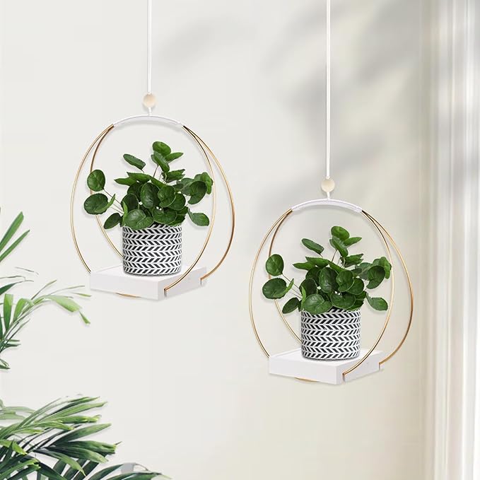 2 Pack Hanging Planter Holder for Indoor Plants, Plant Hanger with Sturdy Wood Base,Modern Boho Macrame Wall Ceiling Window Stands(Plants/Pots Not Included)