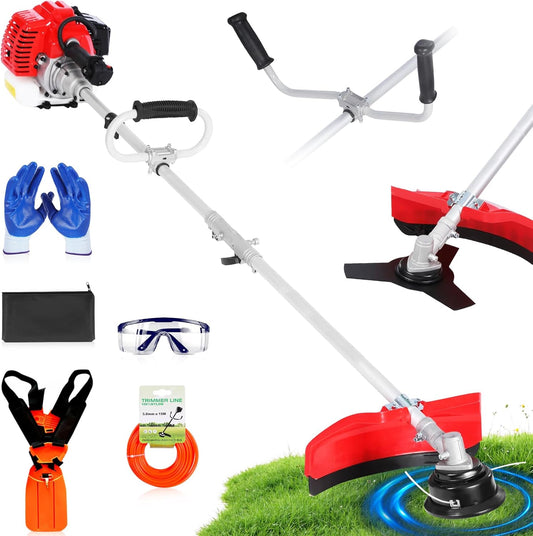 52 cc 2-Cycle Gas Powered Weed Eater, String Trimmer & Brush Cutter 3-in-1, 7,500 RPM Full-Crank, Low-Vibration Quick-Start Recoil, Detachable Shaft, Heavy Duty Weed Wacker (DE631)