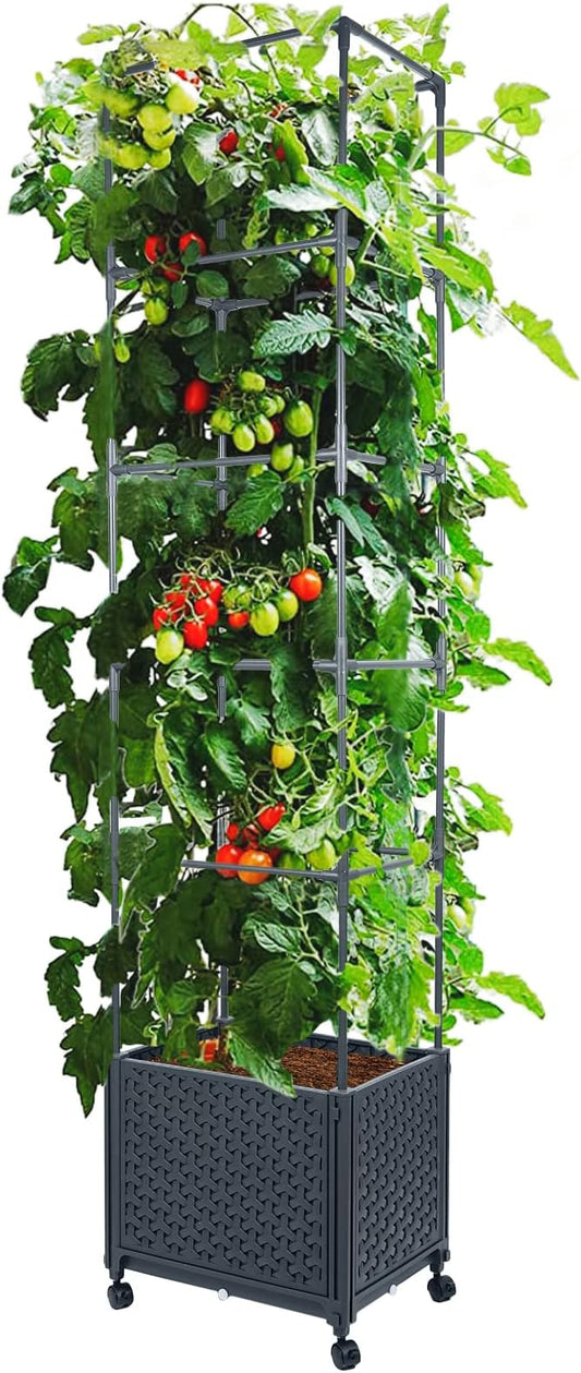 LINEX Raised Garden Bed Planter Box with Trellis, 67.6” Tomato Planters for Climbing Plants Vegetable Vine Flowers Outdoor Patio, Tomatoes Cage w/Self-Watering & Wheels
