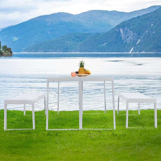 Aoodor 3-Piece Outdoor Patio Dining Set, Aluminum Furniture Set with 1 Rectangular Picnic Table and 2 Benches for Garden, Lawn, Yard
