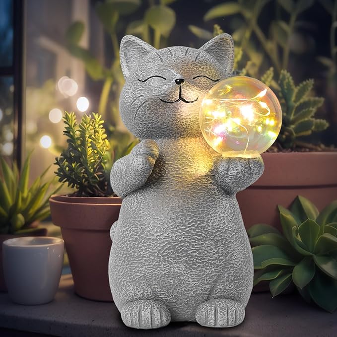 Cat Garden Statue with Solar Ball Light 7.3" Resin Cat Figurine Waterproof for Front Proch Patio Lawn Yard Balcony Decor Birthday Housewarming Gifts for Women Sister Girlfriend Grandma