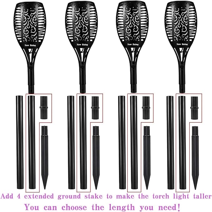 4PCs Halloween Solar Torch Lights Outdoor, 43in 96 LED, Waterproof Landscape Garden Pathway Light with Purple Vivid Dancing Flickering Flames, Auto On/Off Dusk to Dawn for Halloween Lights Decoration