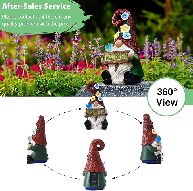 Goodeco Sitting Gnome with Welcome Sign - Garden Gnomes Outdoor with Solar Bird & LED Lights, Ideal Gifts for Mom or Women, Housewarming Gnome Decorations
