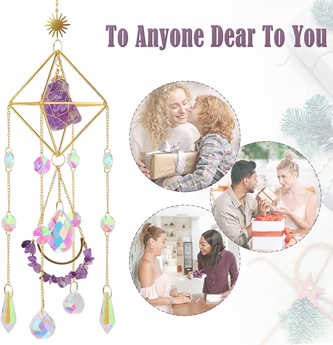 Amethyst Crystal Suncatcher - Hanging Gold Plated Garden Sun Catcher for Windows, Healing Amethyst Crystal Decor for Home, Gift for Christmas Birthday Valentine Mothers Day