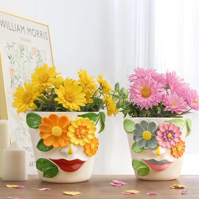 GUGUGO Abstract Face Flower Planters Colorful Unique Rainbow Head Planter with Drainage, Cute Flower Plant pot for Indoor Plants, Eclectic Succulent Gardening Pot for Home Décor (Orange&Yellow, 5Inch)