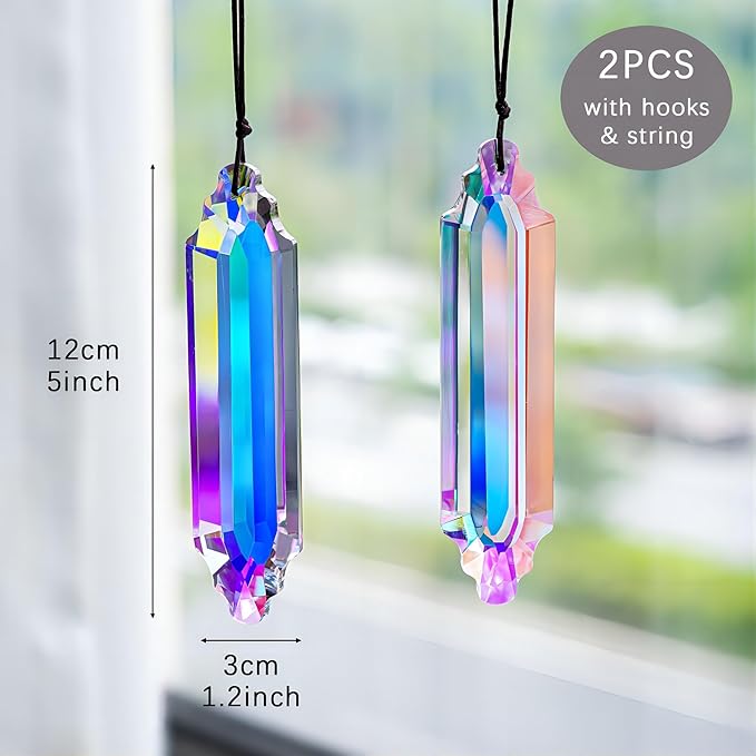 HDCRYSTALGIFTS 2 Pack 5" Large Crystal Suncatcher Prisms,AB Crystals for Sun Catchers,Rainbow Maker Hanging Prisms for Windows,Room,Chandelier,Garden Home Decor