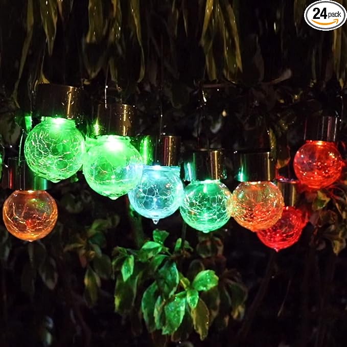 Solar Lights Outdoor Hanging Decorative Globe 24 Pack, Waterproof Solar Lantern with Handle and Clip, Solar Powered Glass Ball Lights for Garden Yard Fence Tree Umbrella Holiday Décor, Color Changing