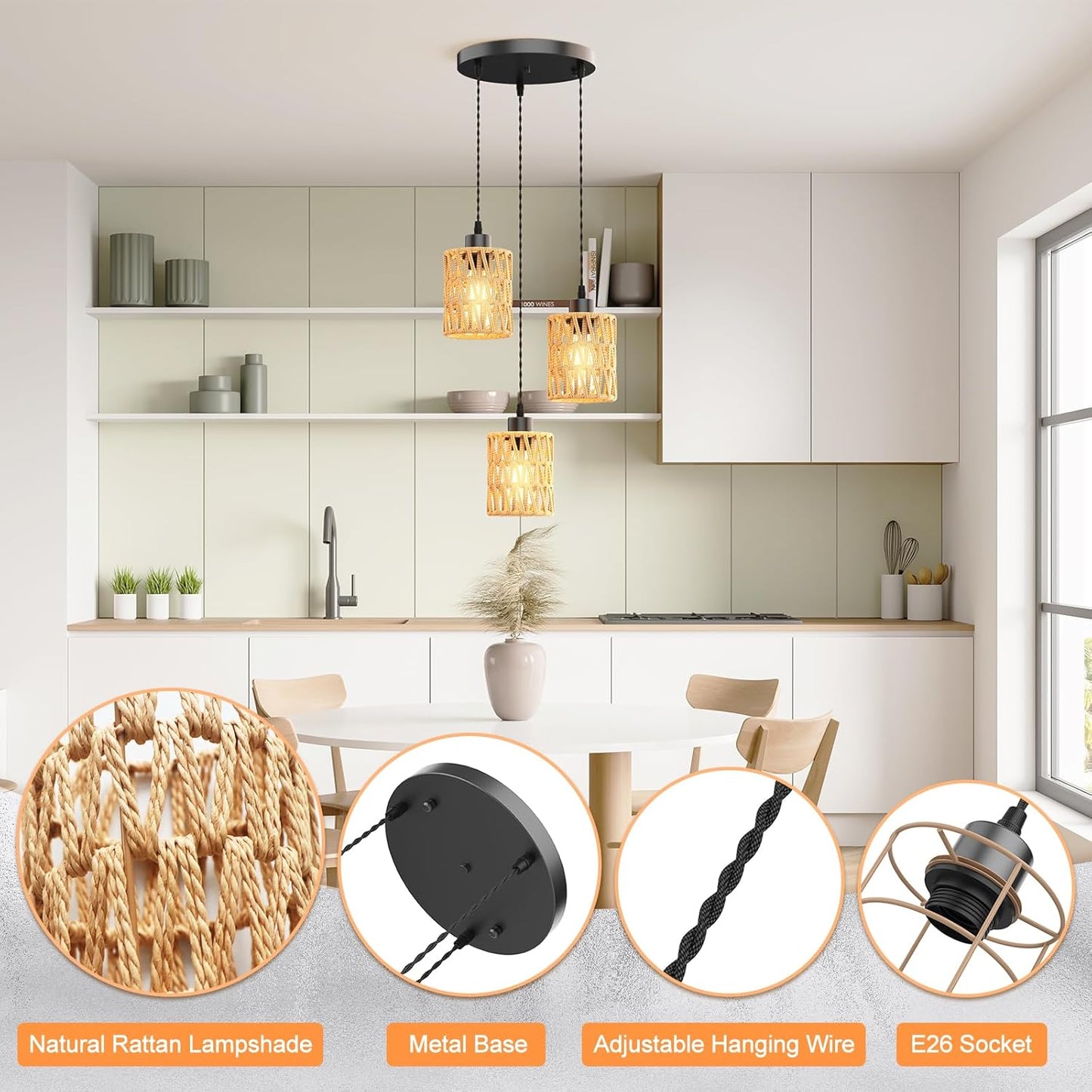 3 in 1 Farmhouse Hemp Rope Pendant Light - Rustic Hand-Woven Rattan Hanging Light Fixture for Kitchen Island,Dining Room,Bedroom- Wicker Cage Chandelier-Coastal/Nautical/Boho Style Lighting Fixture