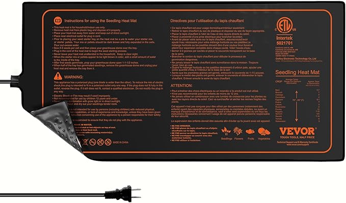 VEVOR 10"x 20.75" Seedling Heat Mat 1 Pack, MET-Certified, Waterproof, for Indoor Germination, Gardening, Hydroponics, Greenhouse Use