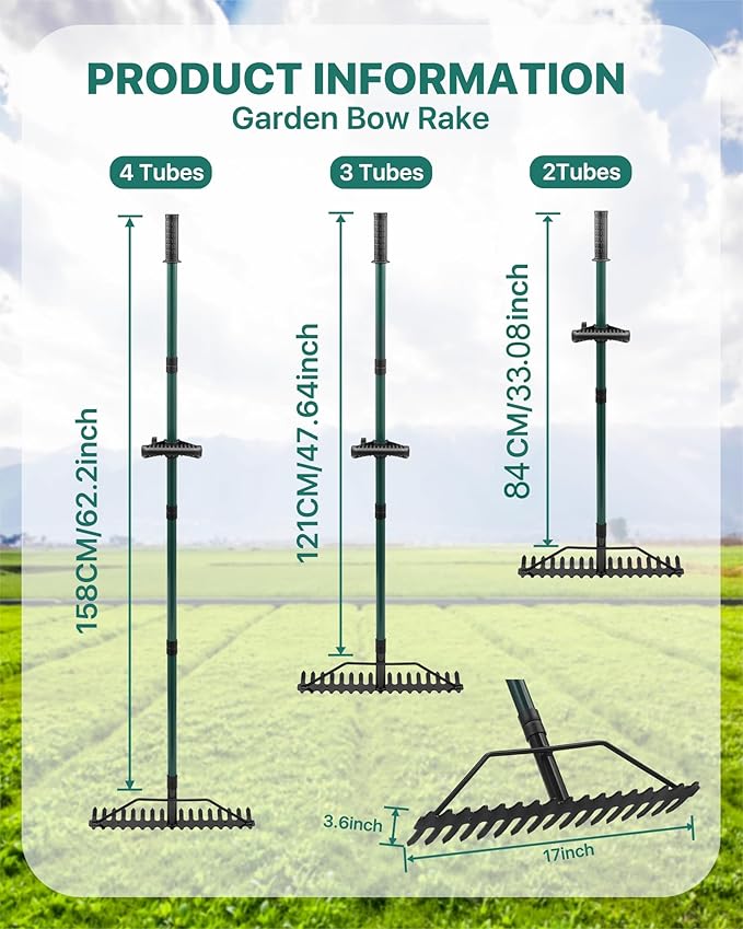 Garden Rake, 17'' Thatch Rake Heavy Duty with 63'' Long Back-Saving Adjustable Handle, Heavy Duty Metal Garden Tool for Loosening Leveling Soil, Gathering Leaves Grass, Weeding