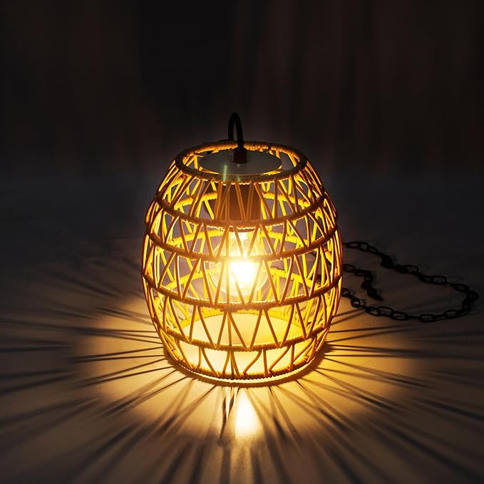Battery Operated Outdoor Hanging Light with 6 Hours Timer, Outdoor Indoor Pendant Chandelier Rattan Lantern Waterproof Lamp Edison Bulb Lights for Gazebo Porch Garden Patio Home Decoration